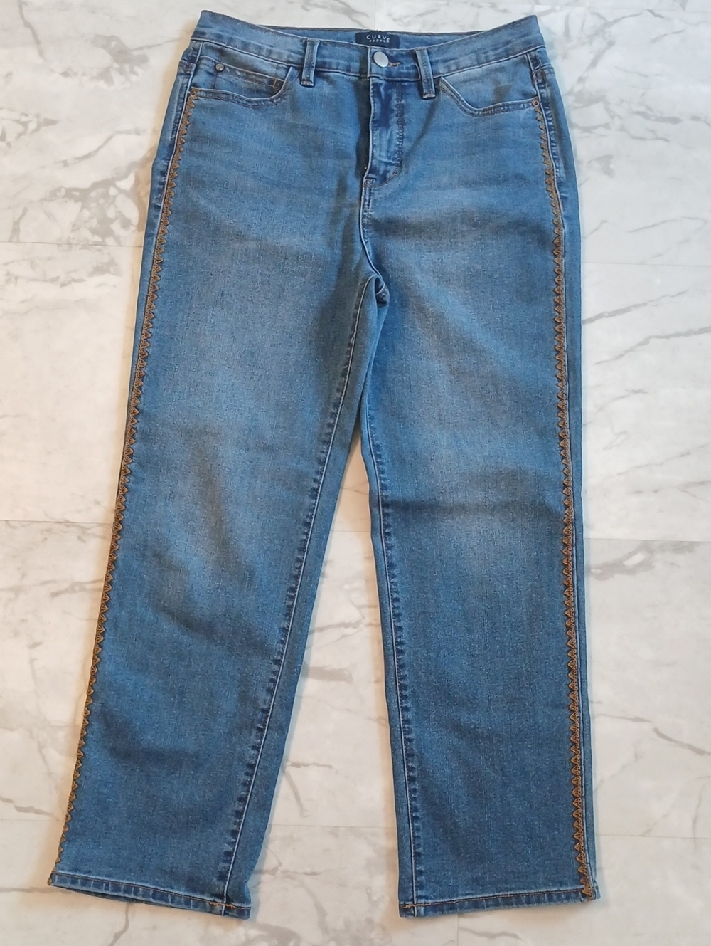 Curve Appeal Straight-Leg Women’s Jeans with Tan Side Embroidery Size 8
